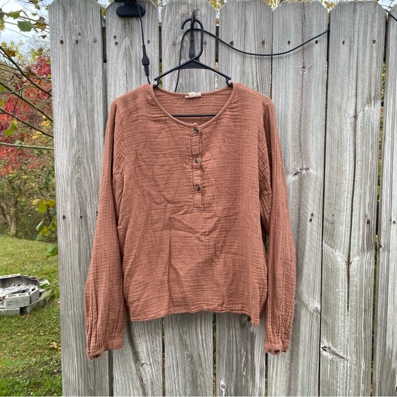 Ana XL Brown Muslim Scoop neck Henley Buttoned down Blouse - Picture 1 of 5